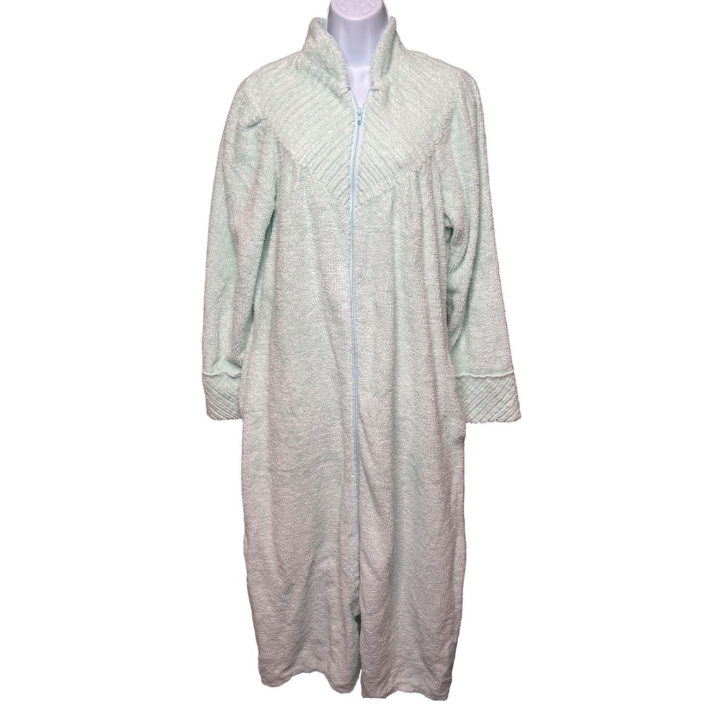 VTG 90s KINNAIRD Mint Green Terry Cloth‎ Zip Front Robe Sz S Cozy Grannycore Spa